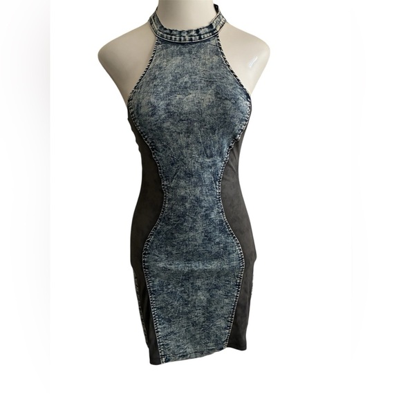 Vibrant MIU Y2K Bodycon Acid Wash Side Contrast Denim Dress S - Picture 2 of 16